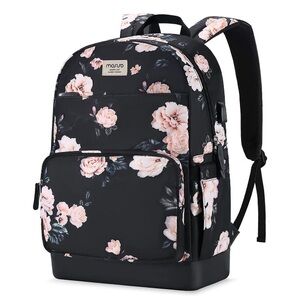 Mosiso Black Camellia Floral Print Laptop Backpack with USB Charging Port
